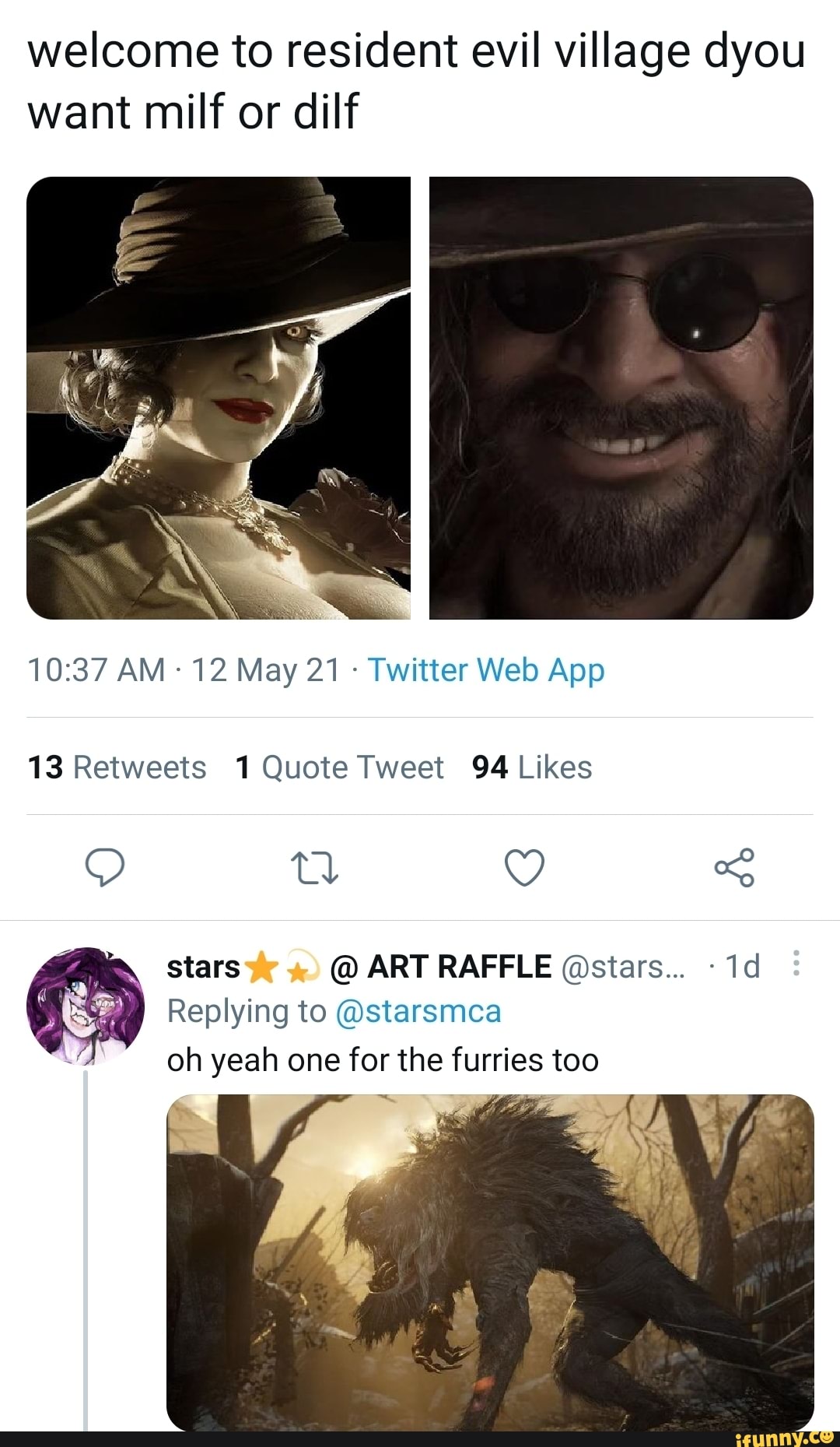 Welcome To Resident Evil Village Dyou Want Milf Or Dilf Stars Art Raffle Stars Id Replying To Starsmca Oh Yeah One For The Furries Too