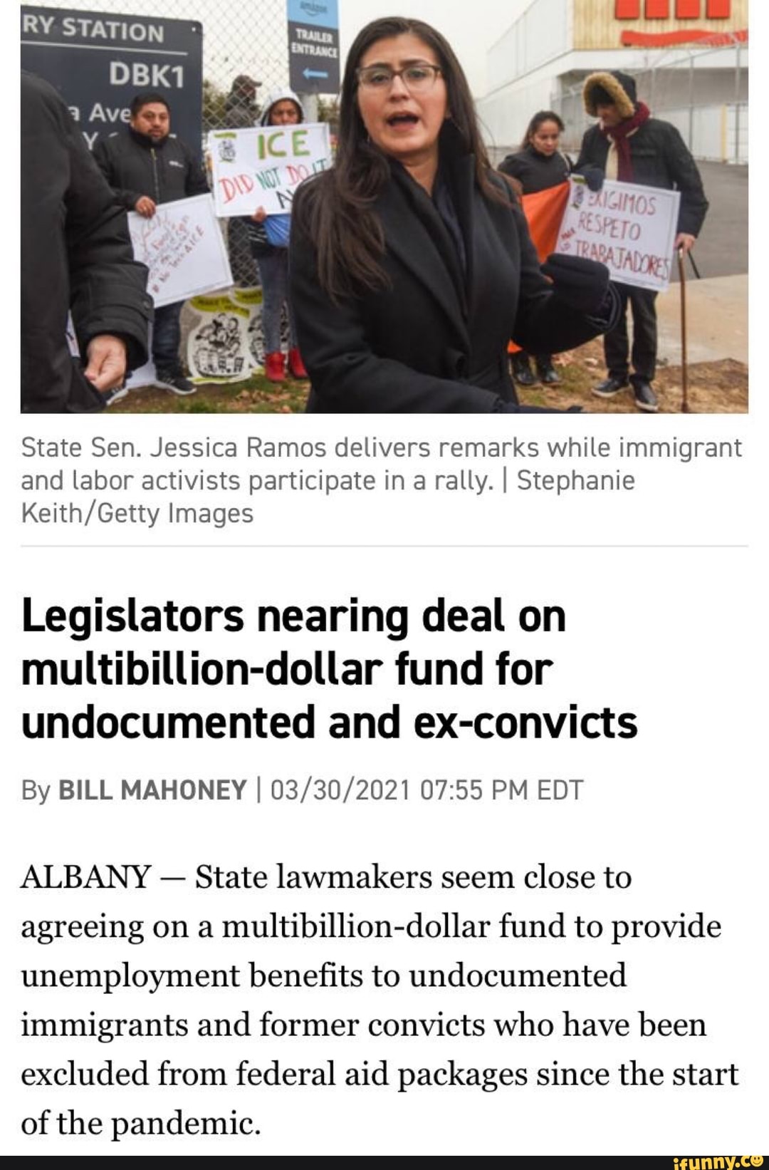 State Sen. Jessica Ramos delivers remarks while immigrant and labor activists participate in a rally. I Stephanie
Images
Legislators nearing deal on multibillion-dollar fund for undocumented and ex-convicts
By BILL MAHONEY I PM EDT
ALBANY - State lawmakers seem close to agreeing on a multibillion-dollar fund to provide unemployment benefits to undocumented immigrants and former convicts who have been excluded from federal aid packages since the start of the pandemic.