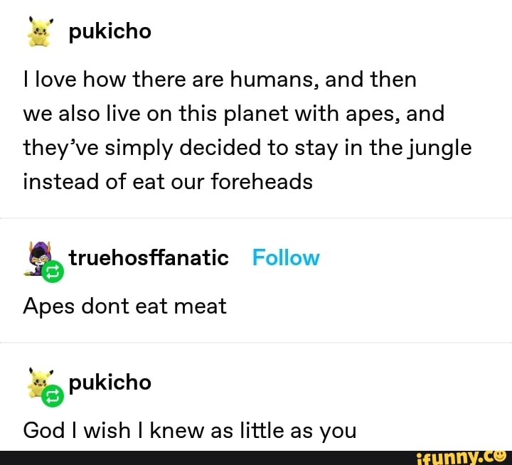 I love how there are humans, and then
we also live on this planet with apes, and
they've simply decided to stay in the jungle
instead of eat our foreheads
Apes dont eat meat
ES pukicho
God I wish I knew as little as you