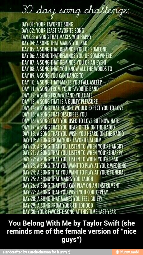 DAY.02: YOUR LEAST FAVORITE SON
"DAY 05: A SONG THAT RE
You Belong With Me by Taylor Swift (she
reminds me of the female version of "nice - You Belong With Me by Taylor Swift (she reminds me of the female version of "nice guys")
