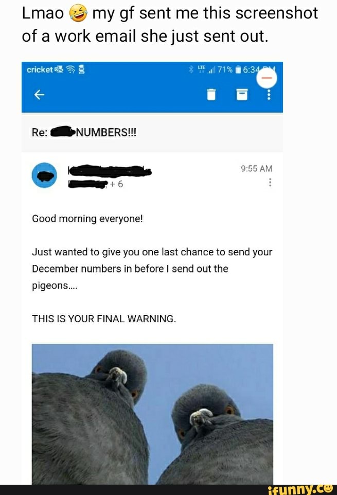 Lmao my gf sent me this screenshot
of a work email she just sent out.
Good morning everyone!
Just wanted to give you one last chance to send your
December numbers in before I send out the
THIS IS YOUR FINAL WARNING.