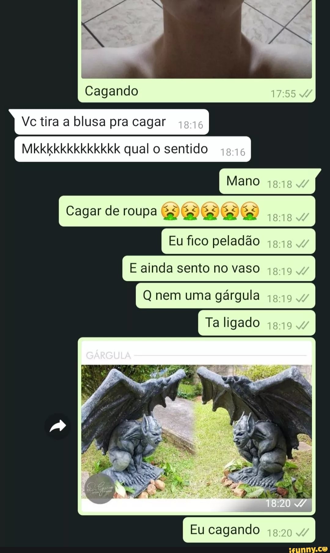 Cagando
Vc tira a blusa pra cagar
Mkkkkkkkkkkkkk qual o sentido
Mano
Cagar de roupa
Eu fico peladão
E ainda sento no vaso
Q nem uma gárgula
Ta ligado
Eu cagando