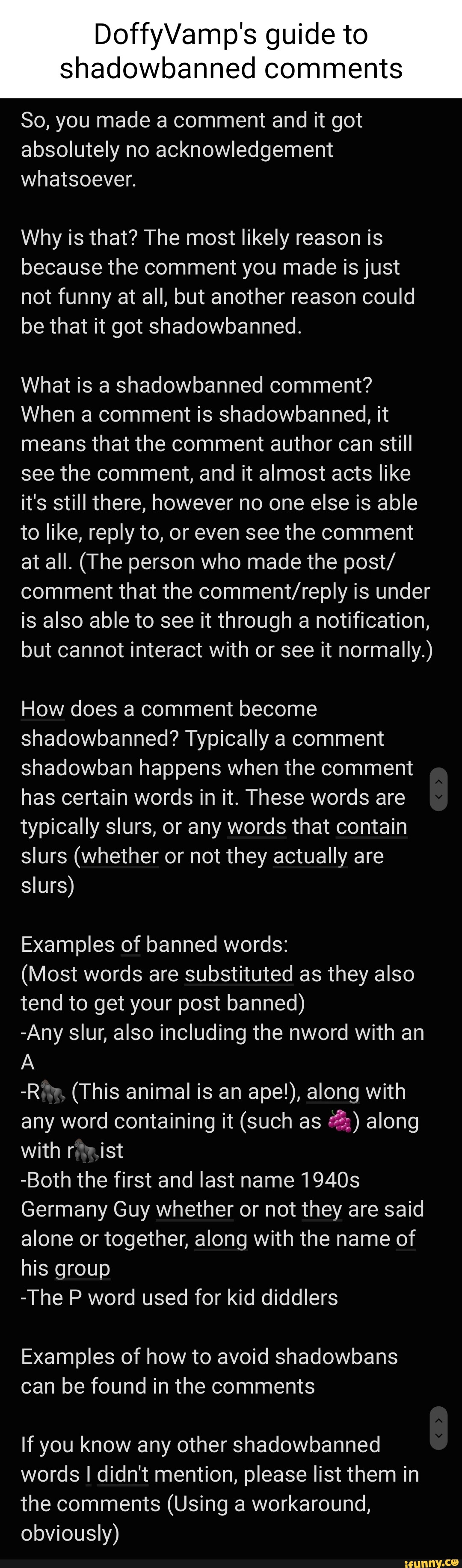 DoffyVamp's guide to shadowbanned comments So, you made a comment and it  got absolutely no acknowledgement