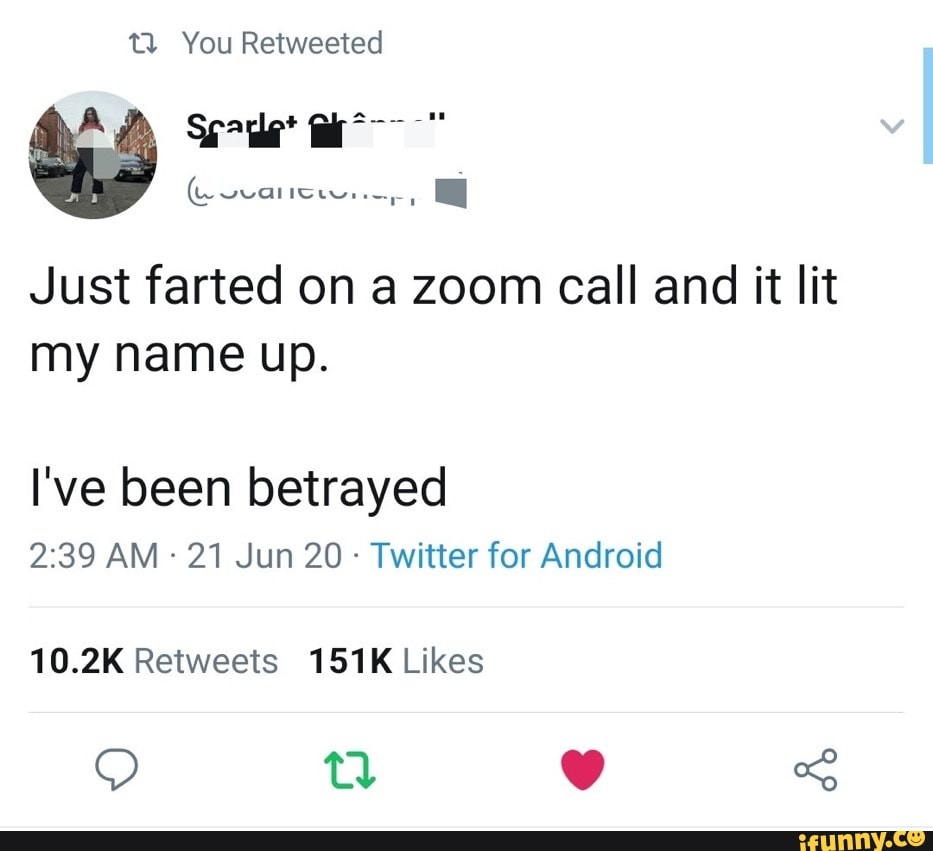 t) You Retweeted
Just farted on a zoom call and it lit
my name up.
I've been betrayed
Twitter for Android
Likes