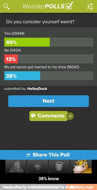 Do you consider yourself weird?
Yes (20449)
My pet bacon got married to my shoe (16042)
submitted by: HalleyDuck - 38% know