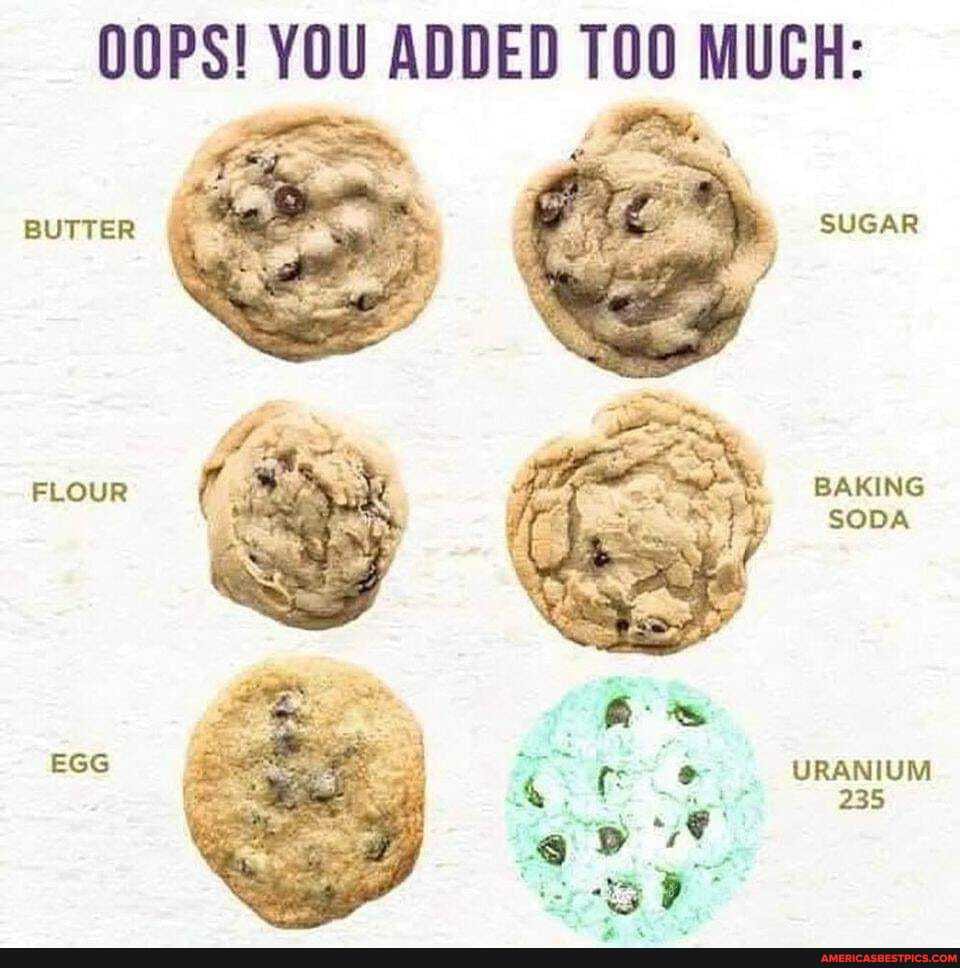 TOO MUCH:
OOPS! YOU ADDED TOO MUCH:
BUTTER SUGAR FLOUR BAKING SODA EGG URANIUM
235