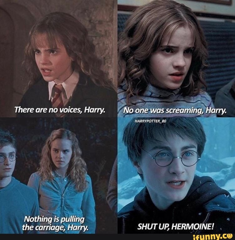 There are no voices, Herry. Mo one was screarmmig, Harry.
fathing fs pulling the carriagc, Harry. SHUT UP, HERMOINE!
