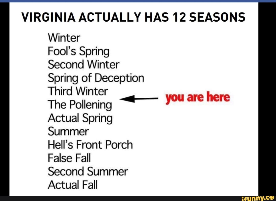 VIRGINIA ACTUALLY HAS 12 SEASONS
Winter
Fool’s Spn'ng
Second Winter
Spring of Deception
Third Winter
The Pollening . you are here
Actual Spn'ng
Summer
Hell’s Front Porch
False Fall
Second Summer
Actual Fall