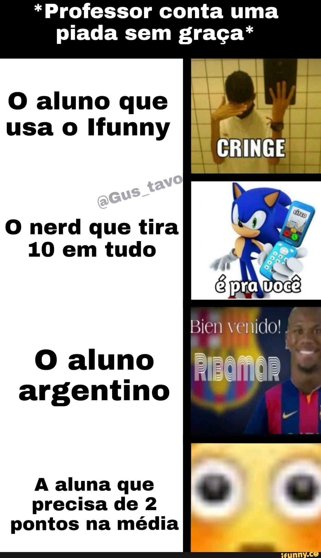 *Professor conta uma piada sem graça*
CRIN
me,
O aluno que usa o Ifunny
O nerd que tira
10 em tudo
Bien venido!
O aluno argentino
A aluna que precisa de 2 pontos na média