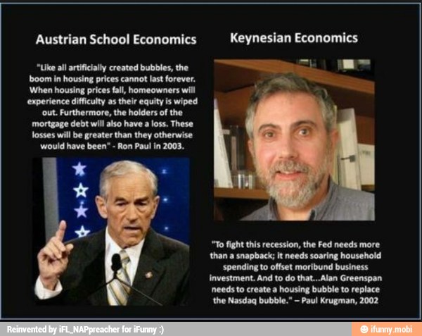 Austrian School Economics
"Uke all artificially created bubbles, the
boom in housing prices cannot last forever.
When housing prices fall, homeowners will
experience difficulty as their equity is wiped
'out. Furthermore, the holders of the
mortgage debt wll also have
a loss, These
losses will be greater than they otherwise
would have been"
Ron Paul in 2003.
Keynesian Economics
E
"To fight this recession, the Fed needs more
than a snapback; it needs soaring household
needs to create a housing bubble to replace
the Nasdaq bubble."
Paul Krugman, 2002