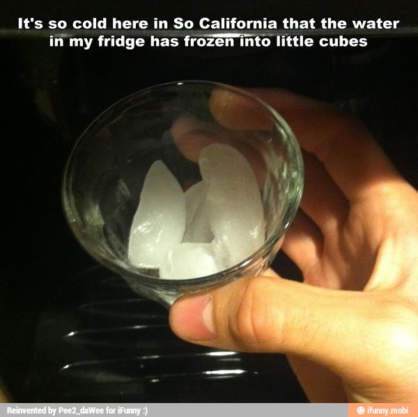It's so cold here in So Califor that the water
in my fridge has frozen
into little cubes