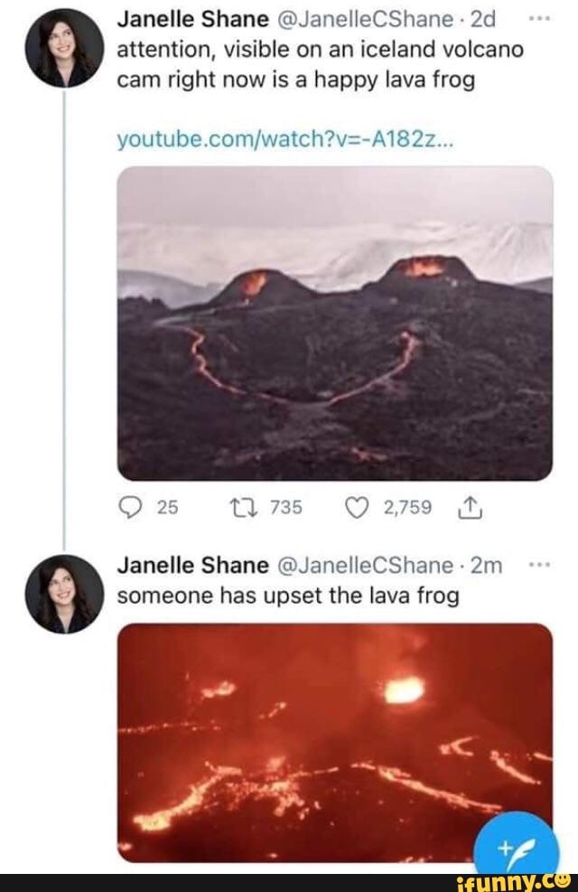 Janelle Shane @JanelleCShane - attention, visible on an iceland volcano
cam right now is a happy lava frog
Janelle Shane @JanelleCShane someone has upset the lava frog