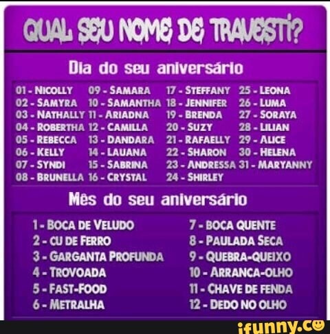 QUAL SEU NOME DE TRAVESTI?
Dia do seu aniversário
01-NICOLLY 09. SAMARA
02-SAMYRA 10-SAMANTHA
03
NATHALLY TI
ARIADNA
04
ROBERTHA 12
CAMILLA
05- REBECCA 13
DANDARA
06-KELLY 14-LAUANA
07
SYNDI 15
SABRINA
08
BRUNELLA 16
CRYSTAL
17
STEFFANY 25
LEONA
18- JENNIFER 26
LUMA
19- BRENDA 27
SORAYA
20
Suzy 28
LILIAN
21-RAFAELLY 29
ALICE
22
SHARON 30
HELENA
23
ANDRESSA 31
MARYANNY
24
SHIRLEY
Mes do seu aniversário
2
CU DE FERRO
3 GARGANTA PROFUNDA
8
PAULADA SECA
9 QUEBRA-QUEIXO