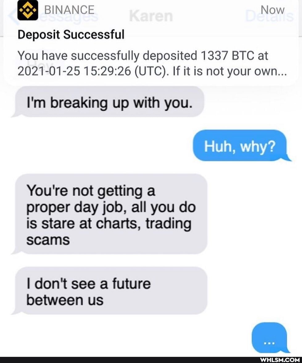 Now
Deposit Successful
You have successfully deposited 1337 BTC at
2021-01-25 (UTC). If it is not your own...
I'm breaking up with you.
Huh, why?
You're not getting a
proper day job, all you do is stare at charts, trading scams
I don't see a future
between us
