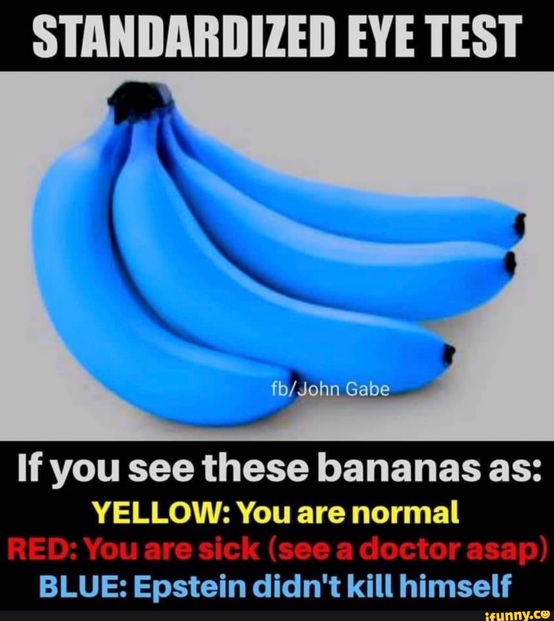 STANDARDIZED EYE TEST
Gabe
If you see these bananas as:
YELLOW: You are normal
BLUE: Epstein didn't kill himself