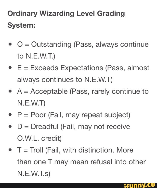 Ordinary Wizarding Level Grading System º O Outstanding Pass Always Continue To N E W T E Exceeds Expectations