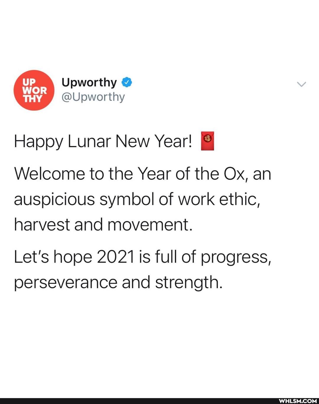UP Upworthy
@Upworthy
Happy Lunar New Year!
Welcome to the Year of the Ox, an auspicious symbol of work ethic, harvest and movement.
Let's hope 20721 is full of progress, perseverance and strength.