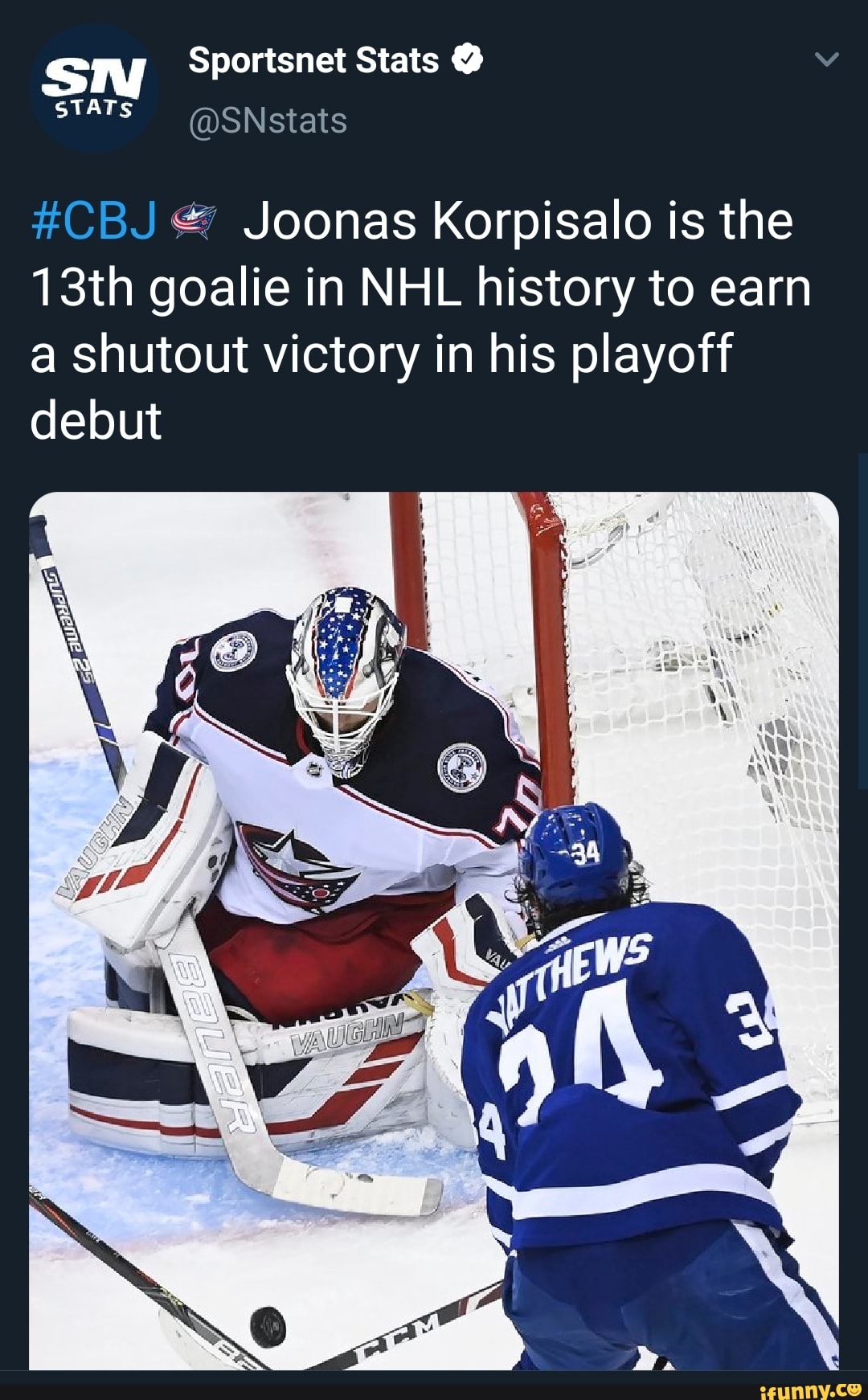 HCBJ Joonas Korpisalo Is The 13th Goalie In NHL History To Earn A ...