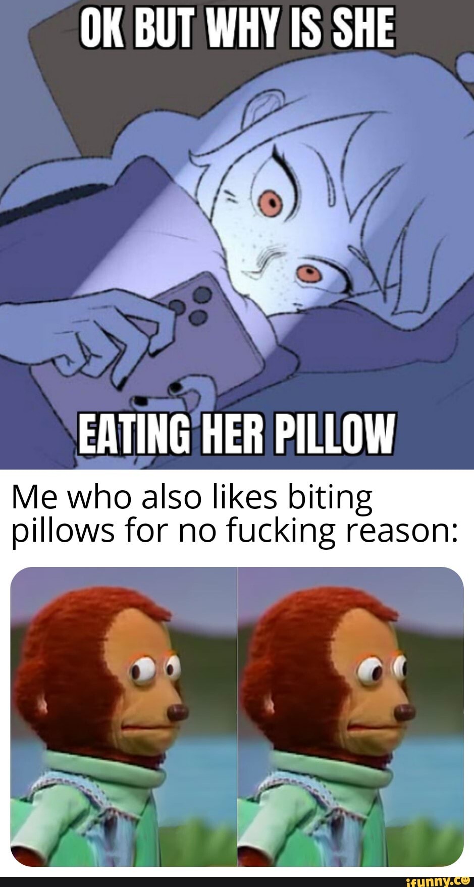 OK BUT WHY IS SHE EATING HER PILLOW Me who also likes biting pillows
