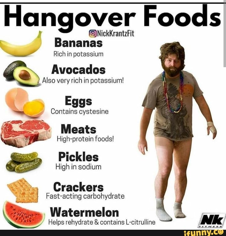 Hangover Foods Bananas Rich in potassium Avocados Also very rich in potassium! Eggs "oe Contains