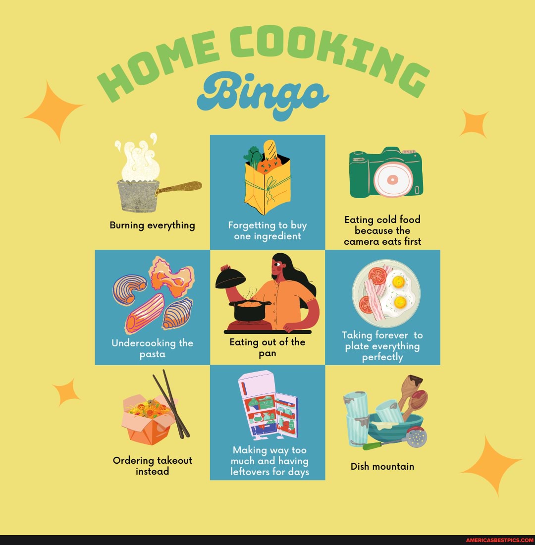 Burning everything
Undercooking the pasta
Ordering takeout
instea
Forgetting to buy one ingredient
Eating out of the
pan
Making way too takeout much and having leftovers for days
Dish mountain
Eating cold food camera eats first
Taking forever to plate everything perfectly
