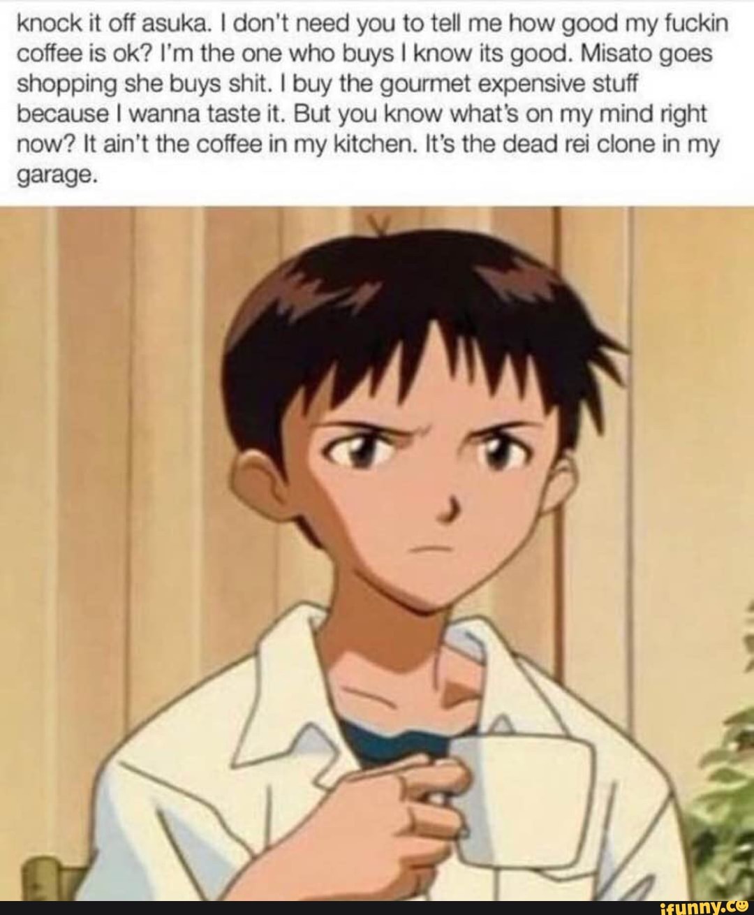 knock it off asuka. I don't need you to tell me how good my fuckin coffee is ok? I'm the one who buys I know its good. Misato goes shopping she buys shit. I buy the gourmet expensive stuff because I wanna taste it. But you know what's on my mind right now? It ain't the coffee in my kitchen. It's the dead rei clone in my garage.