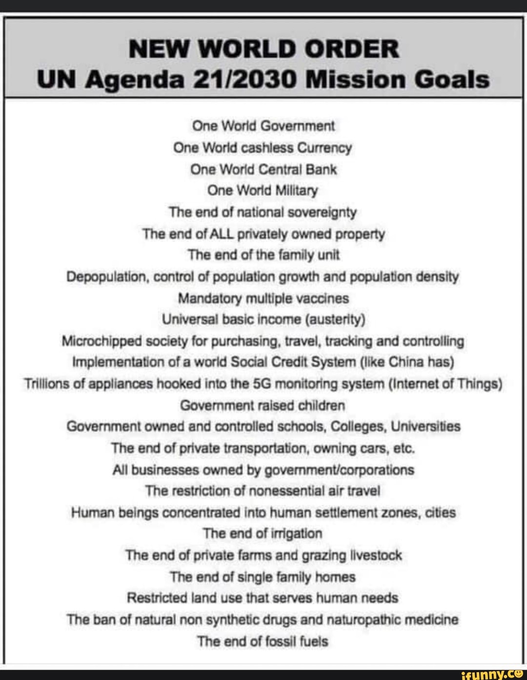 Un Agenda 21 30 Mission Goals One World Government One World Cashless Currency One World Central