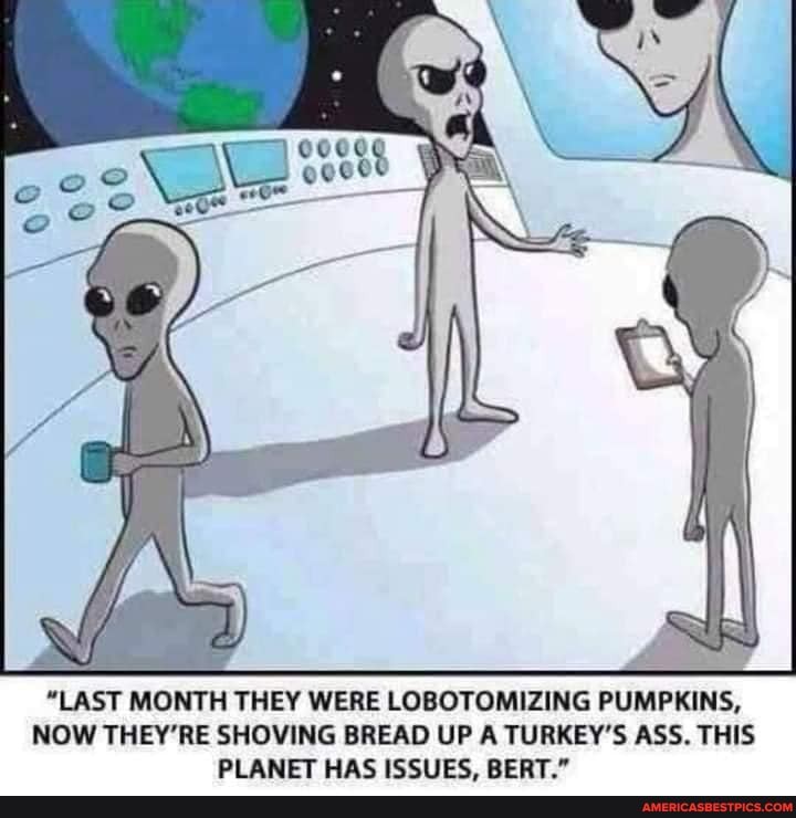 "LAST MONTH THEY WERE LOBOTOMIZING PUMPKINS,
NOW THEY'RE SHOVING BREAD UP A TURKEY'S ASS. THIS PI ANET MAC ICCIIEC REaT*
