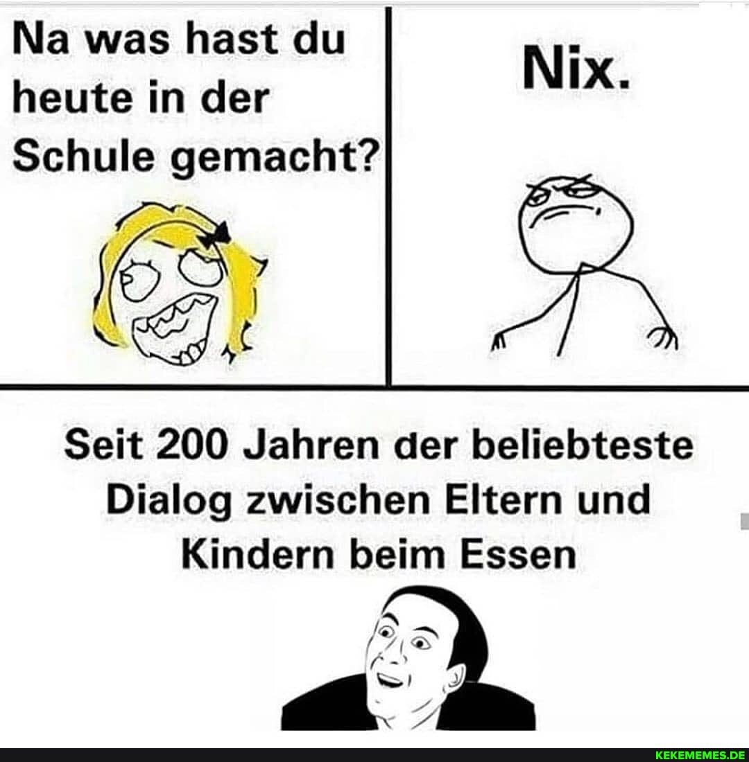 Na was heute in hast der du IX.
heute in der IX.
Schule gemacht?
Seit 200 Jahren der beliebteste
Dialog zwischen Eltern und
Kindern beim Essen