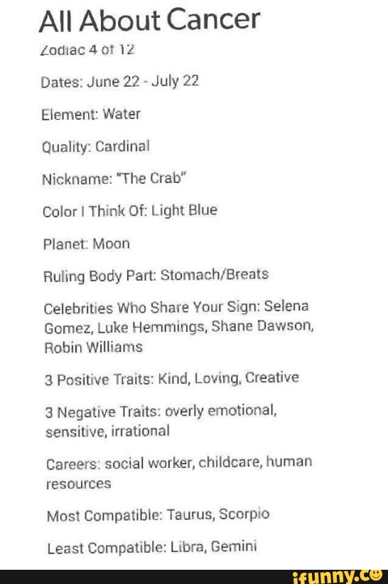 All About Cancer Lumac 4 M 12 Dates June 22 July 22 Element Water Quality Cardinm Nickname The Crab Colar I Think Of Light Blue Planet Moan Ruling Body Part Stomach Breats