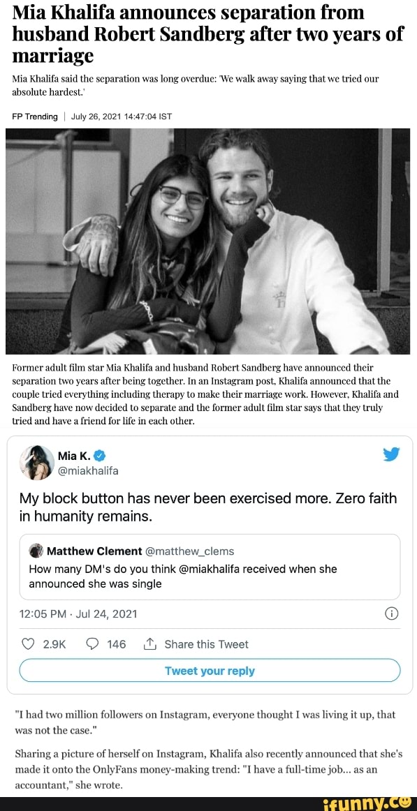 597px x 1162px - Mia Khalifa announces separation from husband Robert Sandberg after two  years of marriage Mia Khalifa said