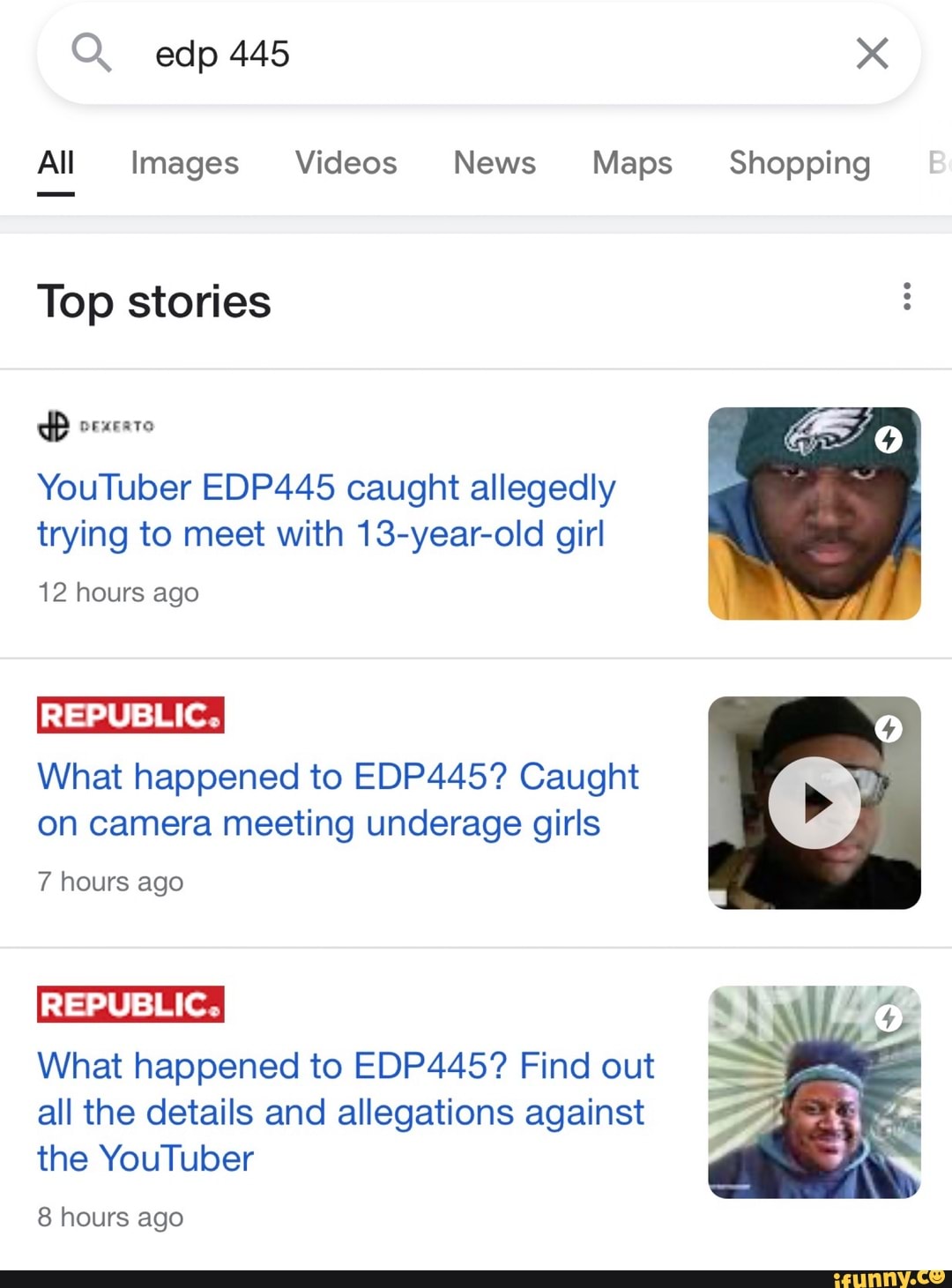 edp 445
All Images Videos News Maps Shopping
Top stories
YouTuber EDP445 caught allegedly trying to meet with 13-year-old girl
12 hours ago
REPUBLIC.
What happened to EDP445? Caught on camera meeting underage girls
7 hours ago
REPUBLIC.
What happened to EDP445? Find out all the details and allegations against the YouTuber
8 hours ago