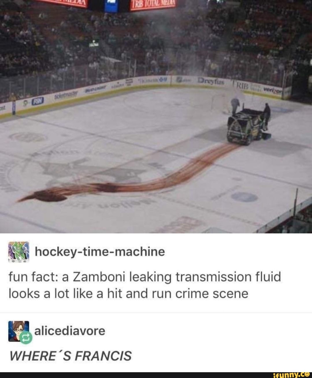 Fun fact a Zamboni leaking transmission fluid looks a lot like a hit