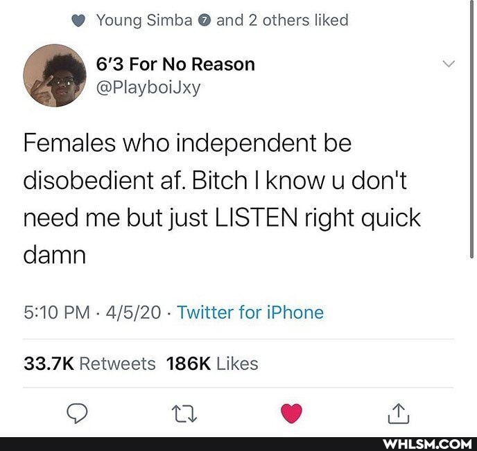 @ Young Simba @ and 2 others liked
Females who independent be disobedient af. Bitch I know u don't need me but just LISTEN right quick damn
PM - - Twitter for iPhone
Retwests Likes
QO @ it,
