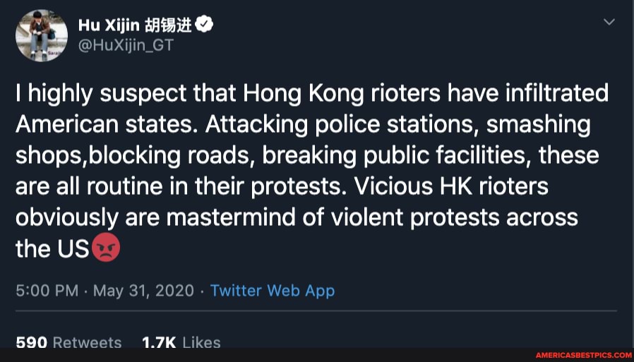 highly suspect that Hong Kong rioters have infiltrated
American states. Attacking police stations, smashing shops,blocking roads, breaking public facilities, these are all routine in their protests. Vicious HK rioters obviously are mastermind of violent protests across the US
Retweets 1.7K likes