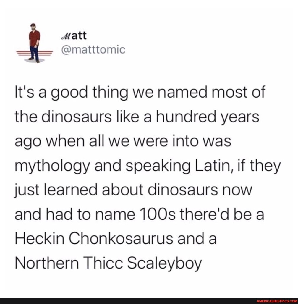 It's a good thing we named most of the dinosaurs like a hundred years ago when all we were into was mythology and speaking Latin, if they just learned about dinosaurs now and had to name 100s there'd be a
Heckin Chonkosaurus and a
Northern Thicc Scaleyboy