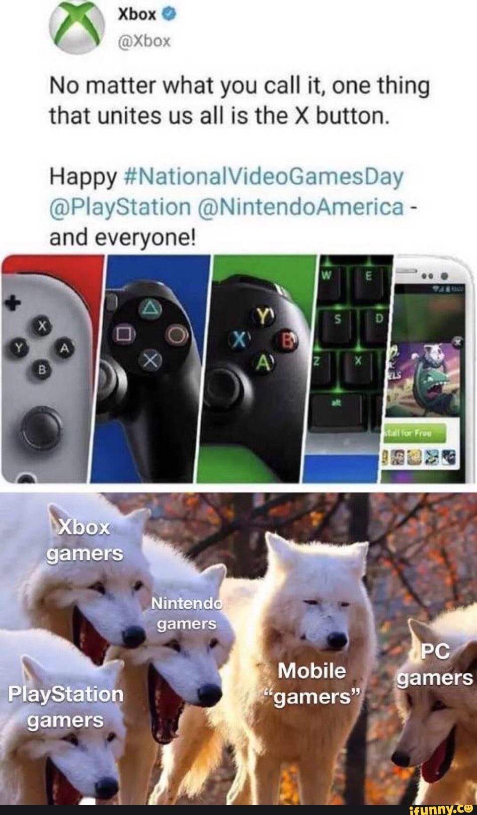 No matter what you call it, one thing
that unites us all is the X button.
Happy #NationalVideoGamesDay
@PlayStation @NintendoAmerica and everyone!