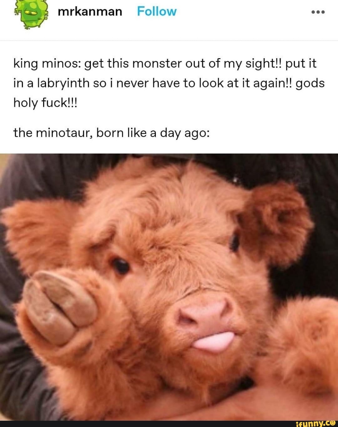king minos: get this monster out of my sight!! put it in alabryinth so i never have to look at it again!! gods holy fuck!!!
the minotaur, born like a day ago: