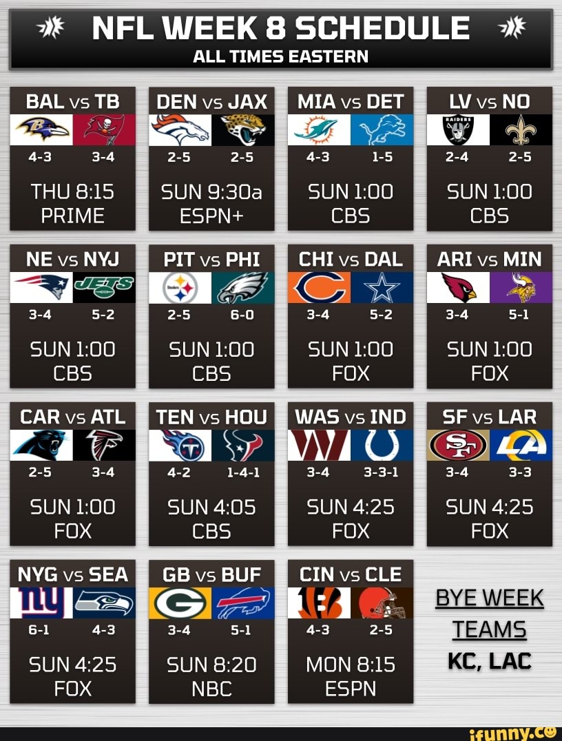 NFLWEEK 8 SCHEDULE ALL TIMES EASTERN BAL vs TB DEN vs JAX MIA vs DET LV vs NO Ea 2-5 2-5 2-4 2-5 ...