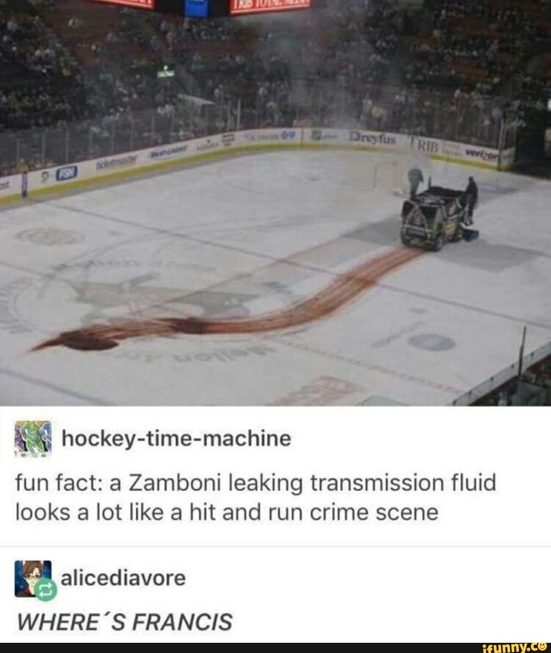Fun fact a Zamboni leaking transmission fluid looks a lot like a hit