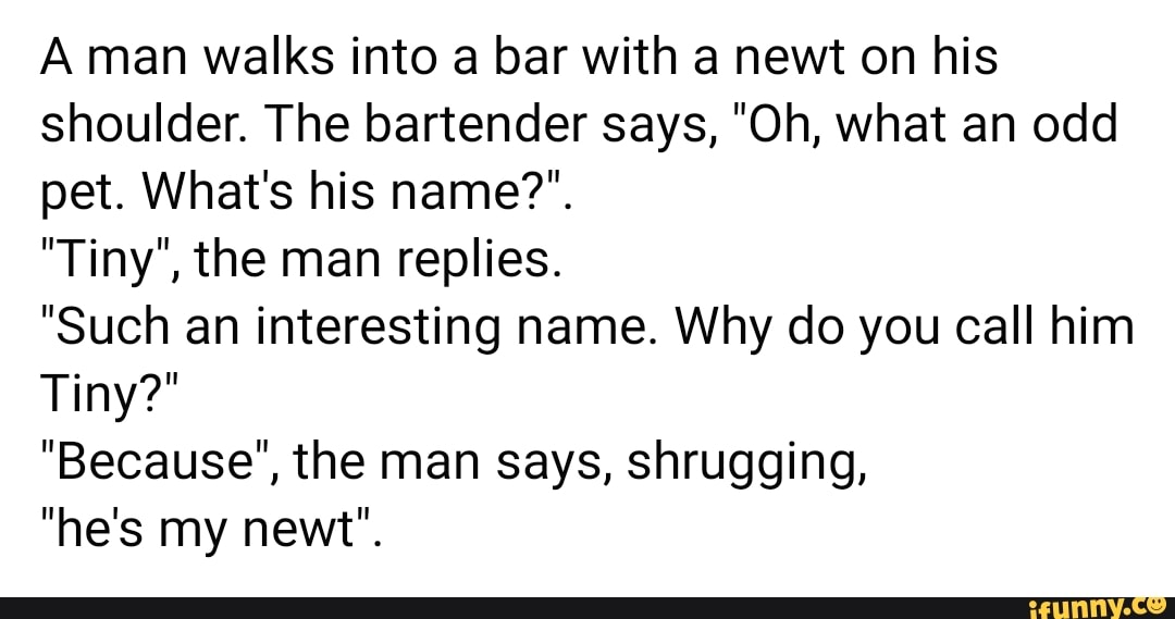 A man walks into a bar with a newt on his shoulder. The bartender says ...