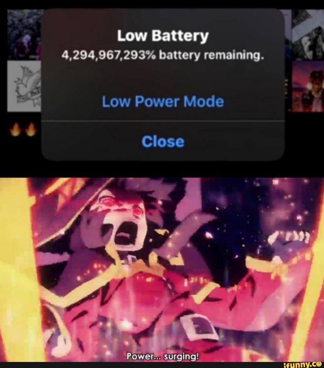 Low Battery
4,294,967,293% battery remaining.
Low Power Mode
Close
POWER