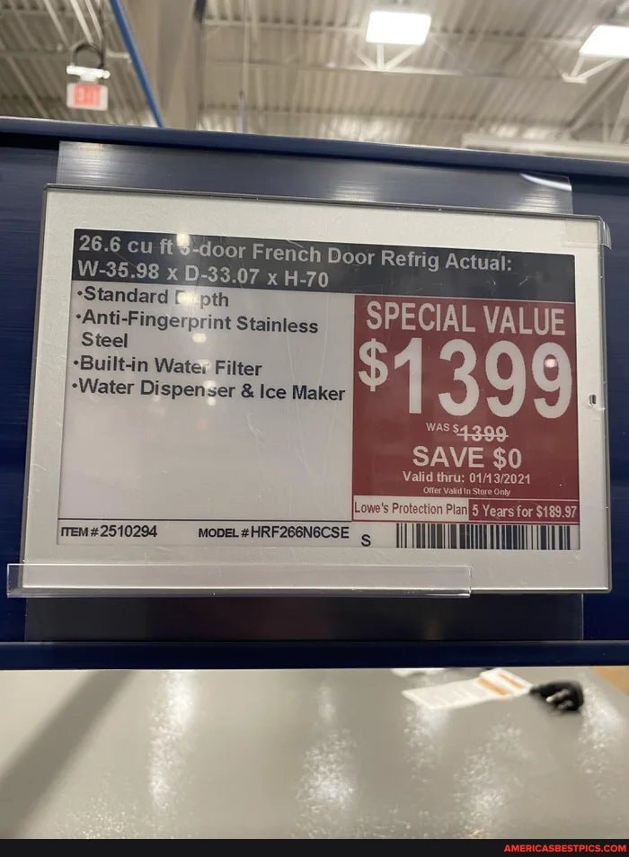 26.6 cu door French Door Refrig Actual:
I SPECIAL VALUE D-33.07 x H-70
I -Standard [ pth int Stainless
Steel
Builtin Water Filter
-Water Dispenser & Ice Maker
WAS
SAVE $0
Valid thru:
Lowe's Protection Plan