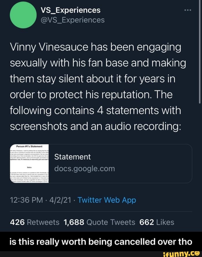 Vinny Vinesauce has been engaging sexually with his fan base and making