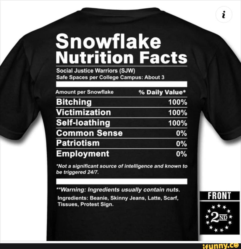 Snowflake Nutrition Facts Social Justice Warriors (SJW) Safe Spaces per