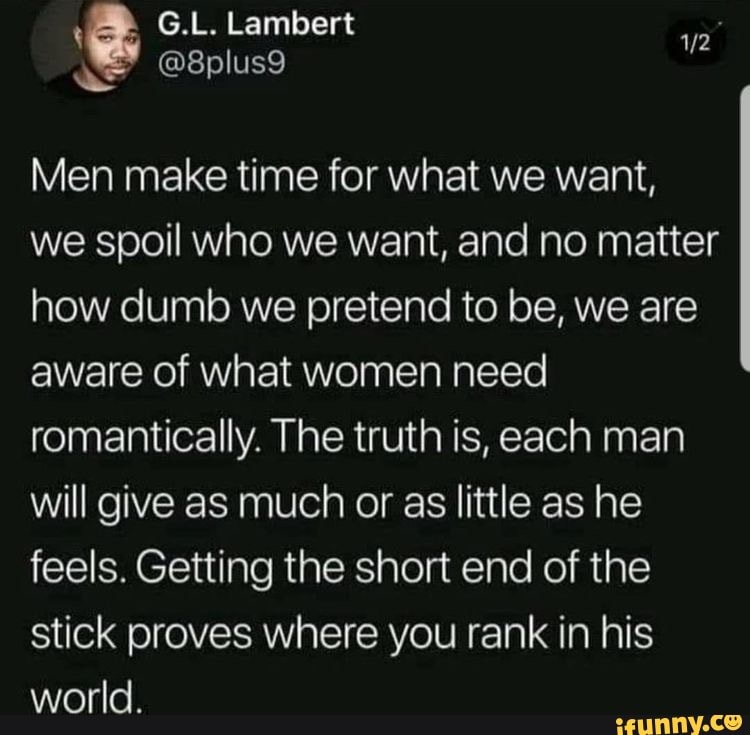 G.L. Lambert Men make time for what we want, we spoil who we want, and ...