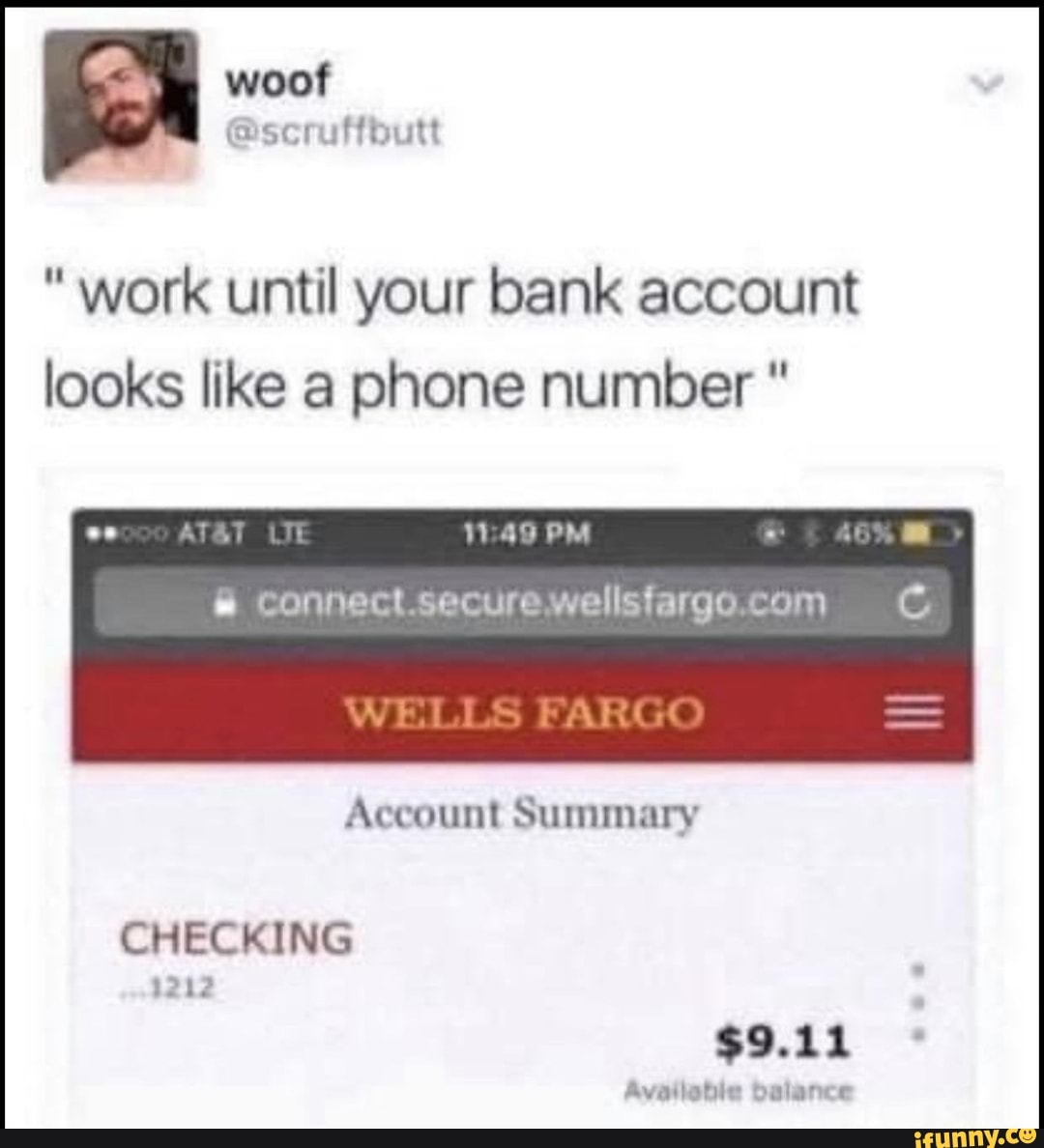 woof
"work until your bank account looks like a phone number "
on
PM
@ connect secure welistargo com
Account Summary
CHECKING
$9.11