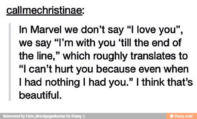 callmechristinae:
In Marvel we don't say "I love you",
we say "I'm with you 'till the end of
the line," which roughly translates to
"I can't hurt you because even when
I had nothing I had you." I think that's
beautiful.