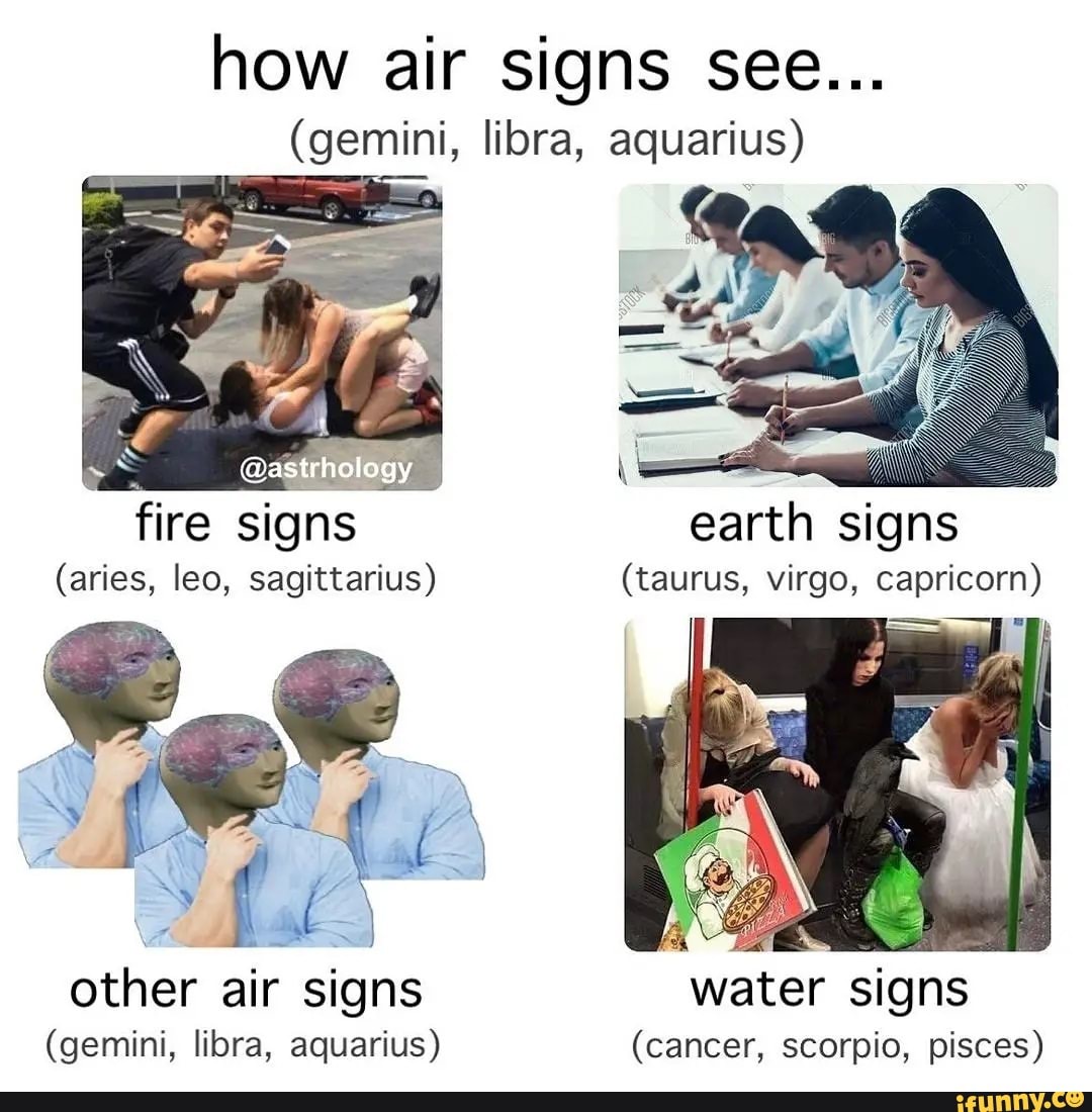 How air signs see... (gemini, libra, aquarius) @astrhology fire signs  (aries, leo, sagittarius) other air signs (gemini, libra, aquarius) earth  signs (taurus, virgo, capricorn) water signs (cancer, scorpio, pisces) - )