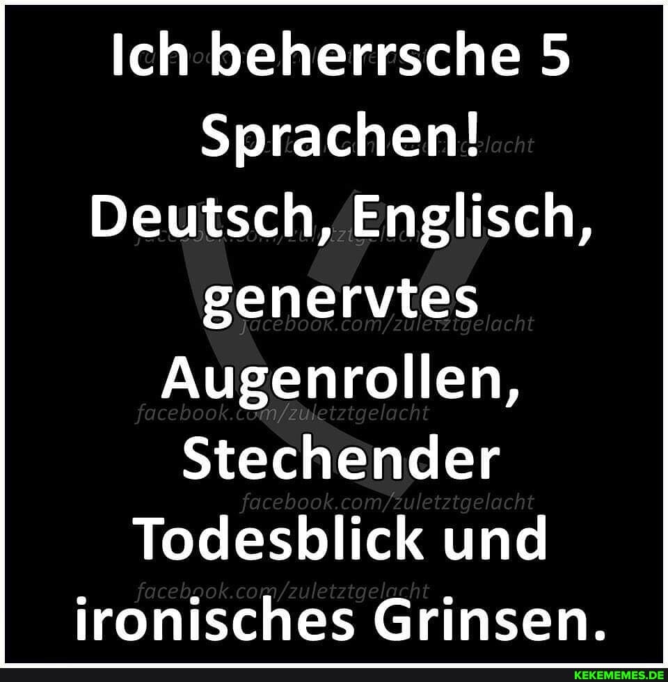 Ich beherrsche 5
Sprachen!
Deutsch, Englisch, genervtes
Augenrollen,
Stechender
Todesblick und ironisches Grinsen.
